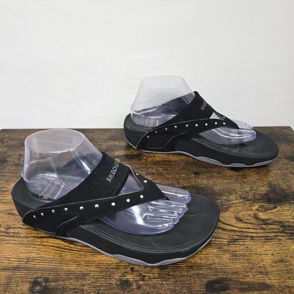 Skechers Tone Ups Sandals Womens 9 Thong Black Toe Post Casual Studded 37556 - Picture 2 of 9